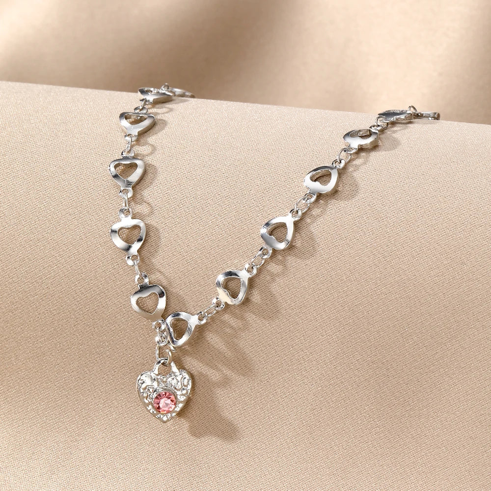 VKME Fashion Hollow Heart Pink Zircon Necklace for Women Jewelry