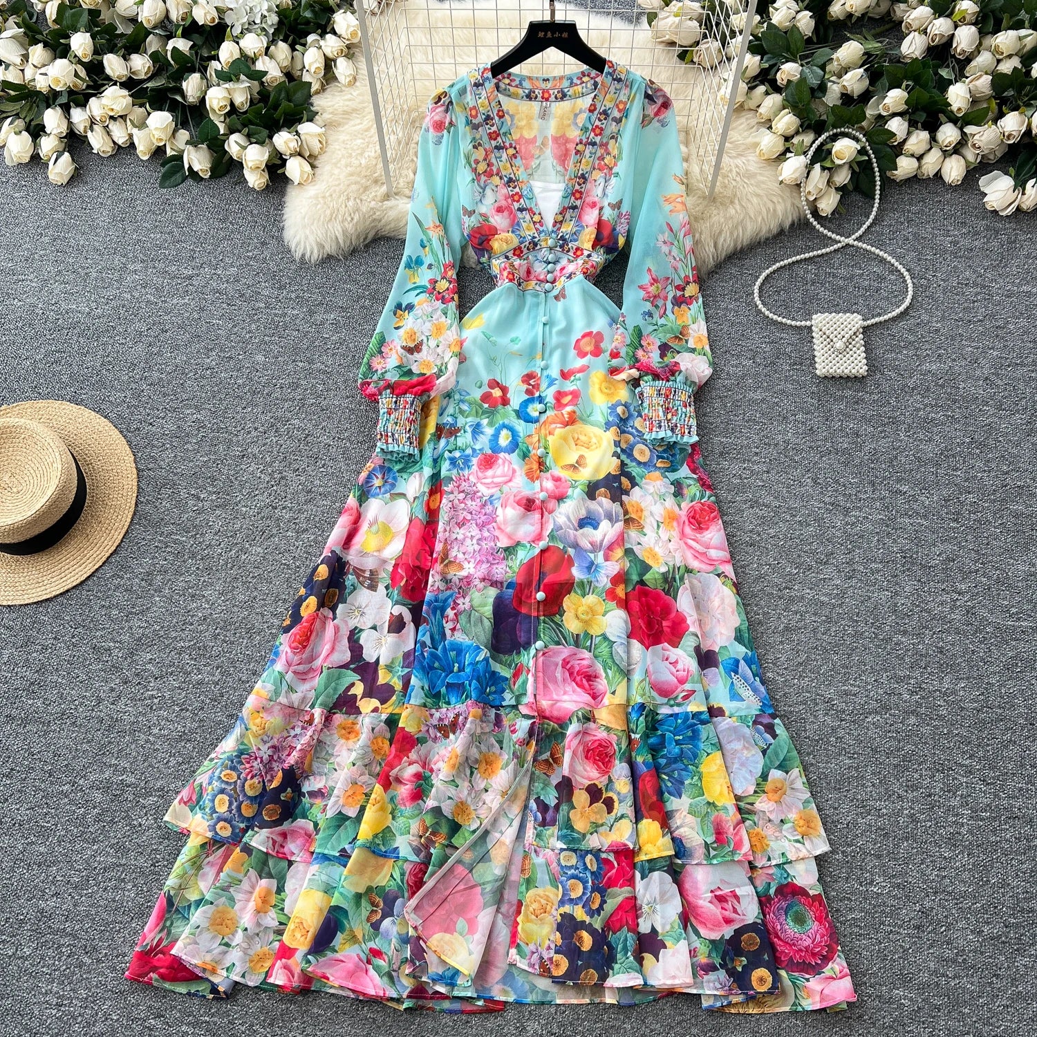 LW0878 Vintage V-Neck Single-Breasted Printed Ruffled Chiffon Dress With Slit Waist 2025 Women Plus Size Dress