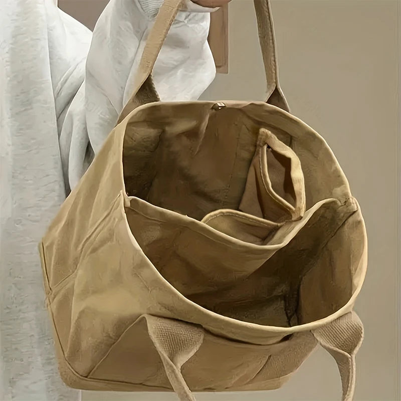 New Style Solid Color Satchel Cotton Canvas Tote Bag with Button for Work Women Canvas Shoulder Crossbody Bags for Lunch Box