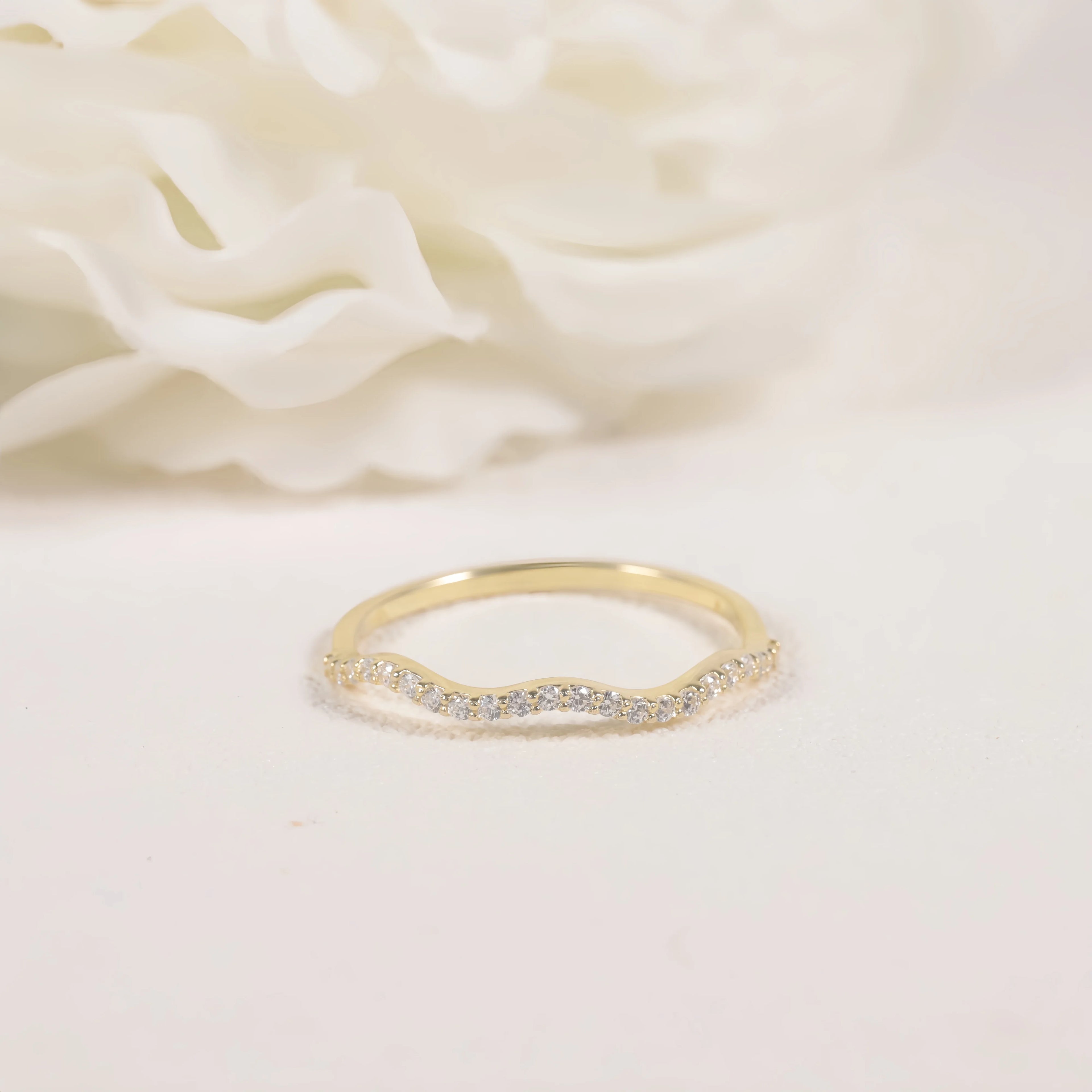 Simple Trendy Wave Half Eternity Band Solid Yellow Gold Thin Melee Round 1.15MM Lab Grown Diamond Micro Pave Wave Ring