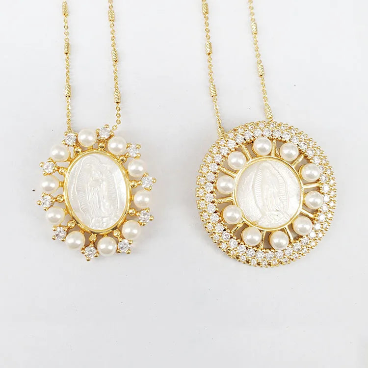 NZ1197 Fashion Blessed Pearl Virgin Mary Women Chain Necklace Charm Mother Mary Circle Pearl Pendant Ladies Necklace