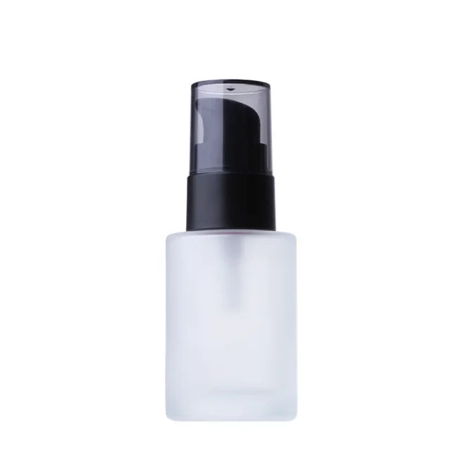 Wholesale Round Flat Sunscreen Cosmetic Packaging 30ml 1oz Frosted Matte Essential Oil Glass Lotion Pump Bottle