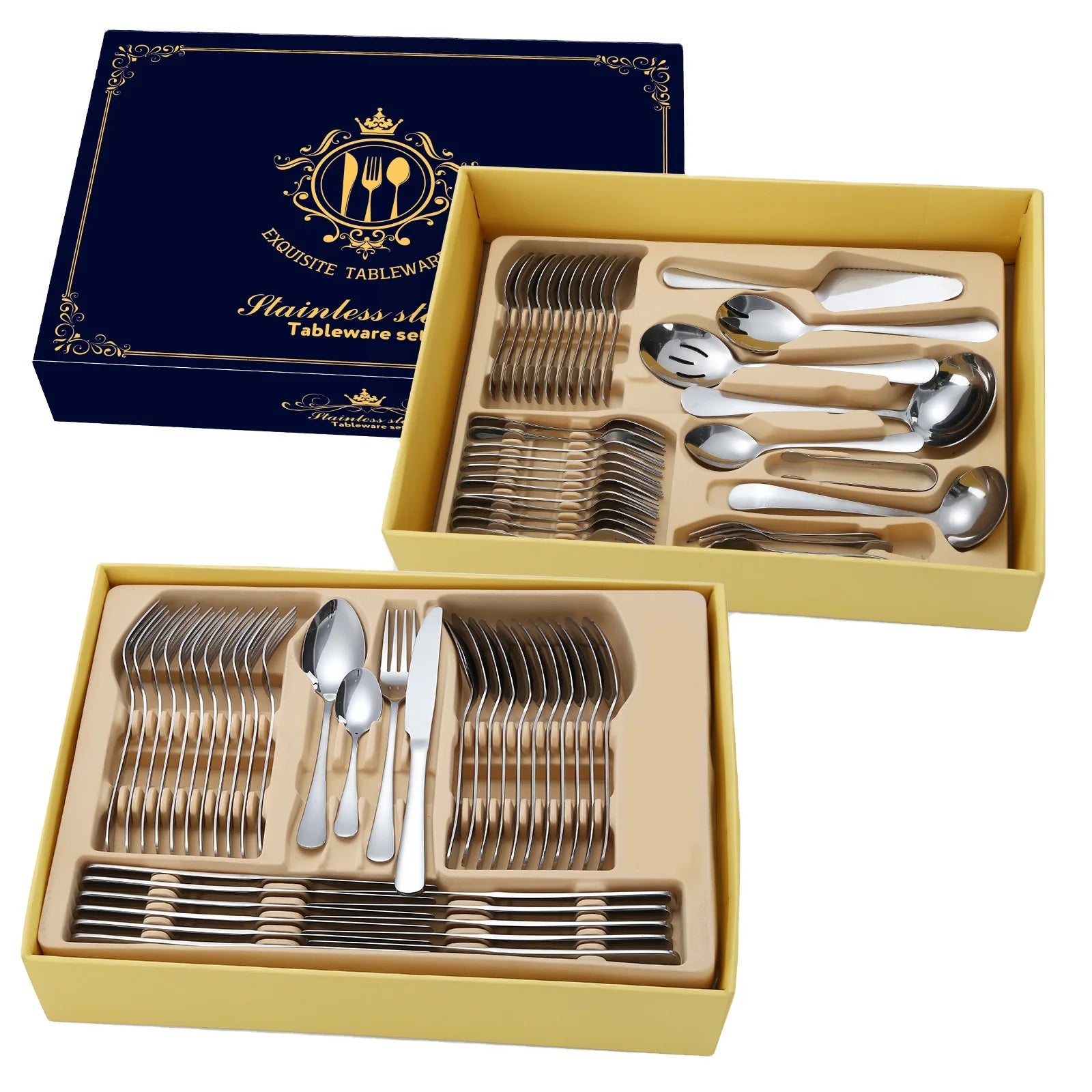 Luxury 72pcs 84pcs Stainless Steel Cutlery Set in Blue Gift Box Mirror Polished Silverware Flatware Set for Wedding Party