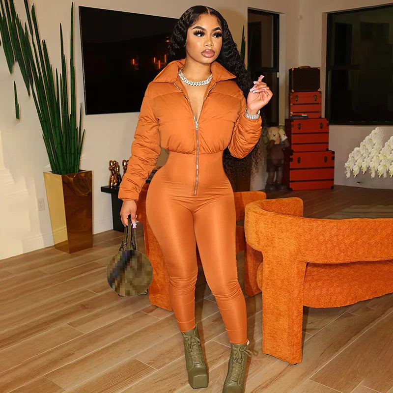 Winter Women Clothing Patchwork Design Women Long Sleeve Jacket Bodysuits Fashion Sexy Hip Lift High Waist Casual Jumpsuit