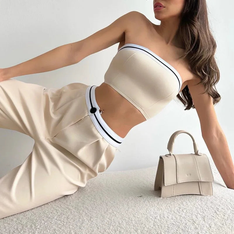 Women's New Spicy Girl Wearing Sports Vest With Contrasting Colors High Waist and Wide Leg Pants