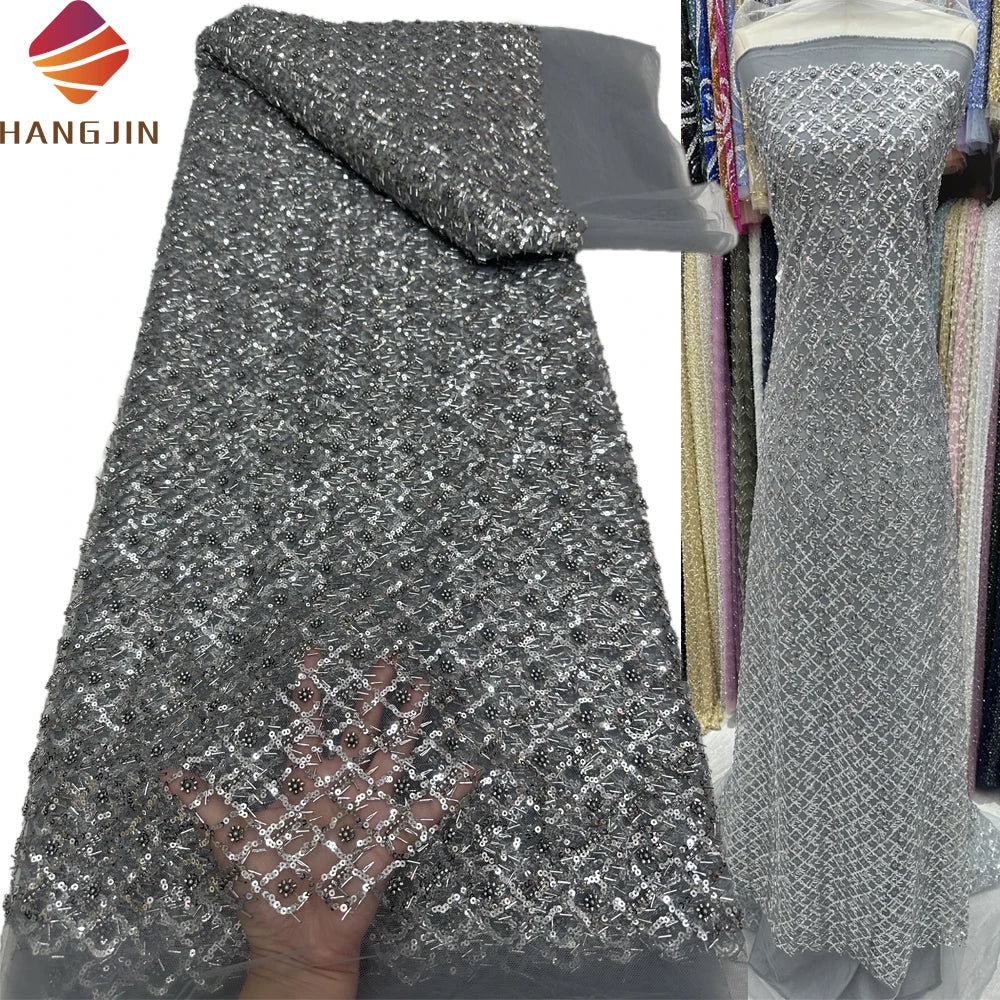 Silver Grey African Lace Fabric 5 Yards High Quality Embroidery Handmade Pearl Beaded Lace Fabrics With Sequins for Wedding