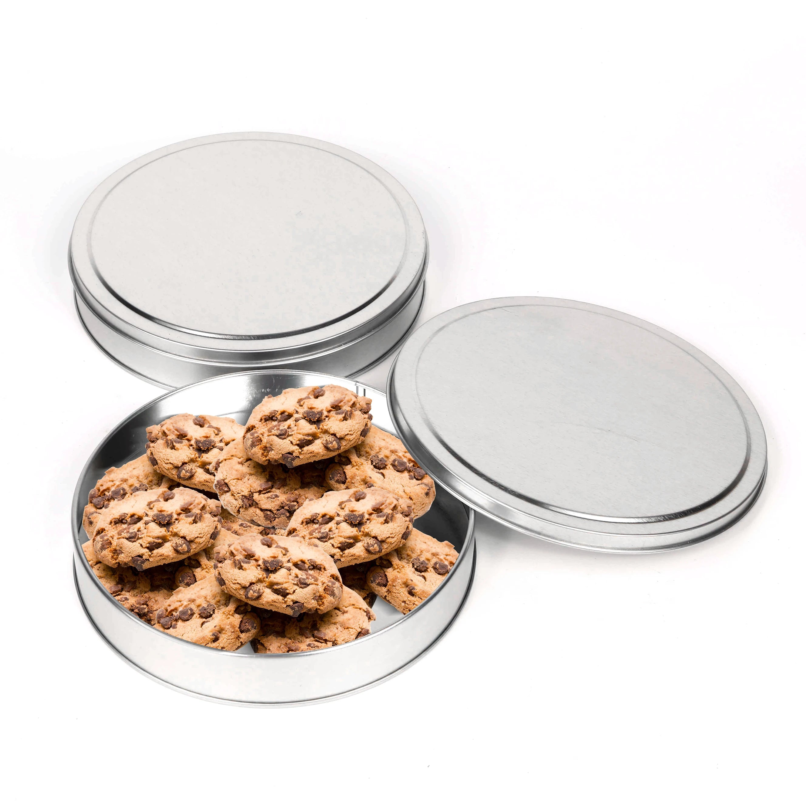 Custom Printed Silver Round Cookie Tin Box for Chocolate Tea Biscuits Nut Oblate Sealed Lid  Gift Metal Can Tin Canister
