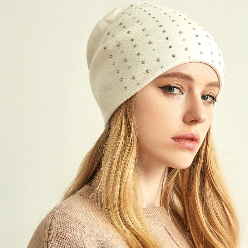 Fashion Winter Knitted Wool Beanie  for Women Custom Warm Beanie With Rhinestone Skull Caps Wholesale Wool Blend Hat