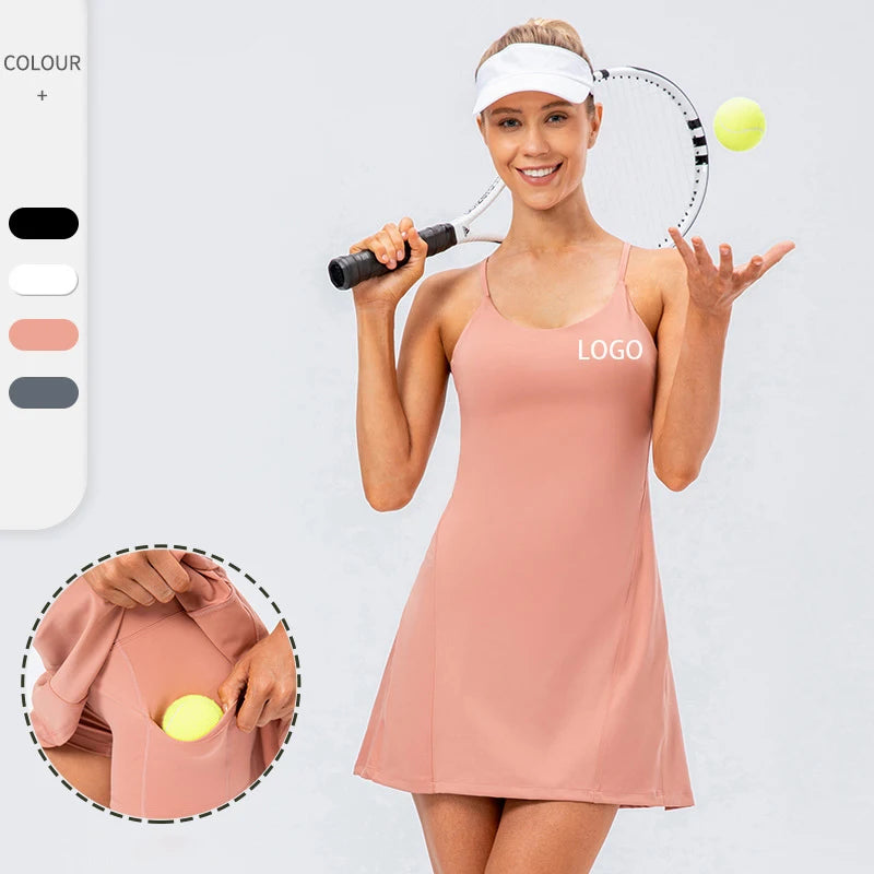 Custom Logo Breathable Sexy Solid 2 in 1 Side Pockets Golf Tennis Set Women Short Yoga Skirt Dress Quick Drying Yoga Dress