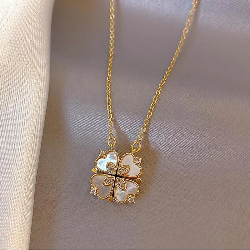 Hot Sale Heart Shell Foldable Clavicle Chain Necklace Stainless Steel Magnetic Four Leaf Clover Pendant Necklace