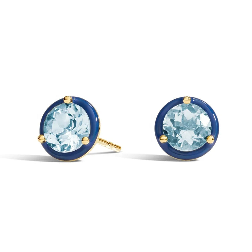 18K Gold Plated Aquamarine Halo Enamel Stud Earrings for Women Hypoallergenic Custom Jewelry Gift with CZ Stone