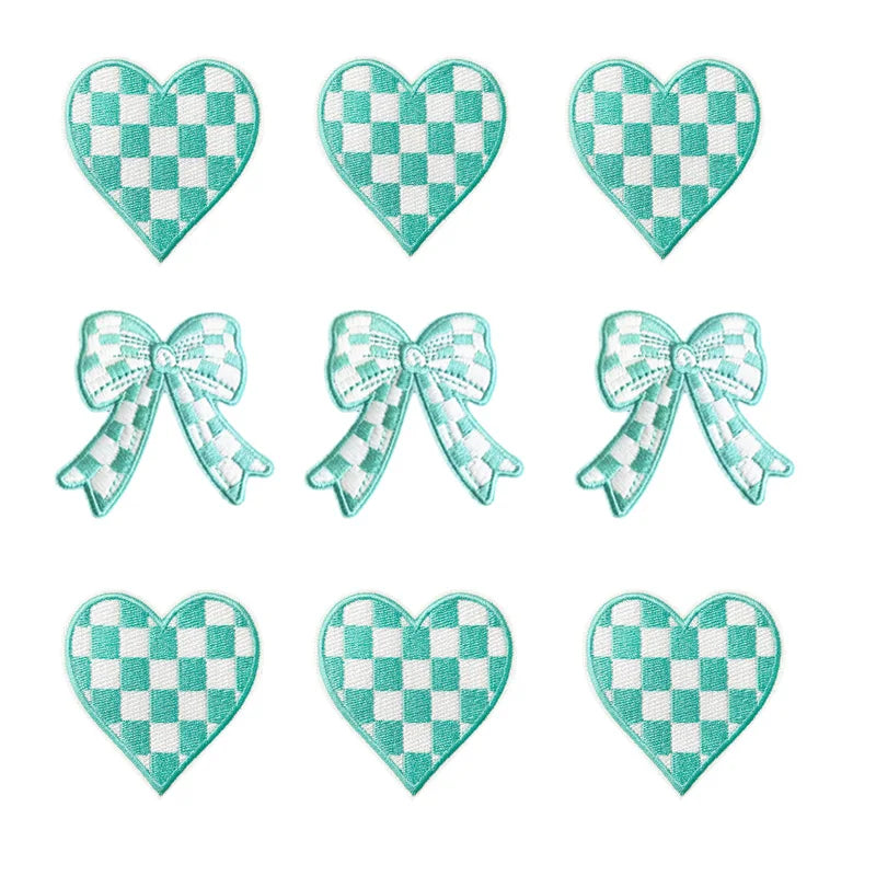 New Hot  Iron on Embroidered Aqua Checkered Heart Bow Knot  Patch for Hat Hoodies Decoration