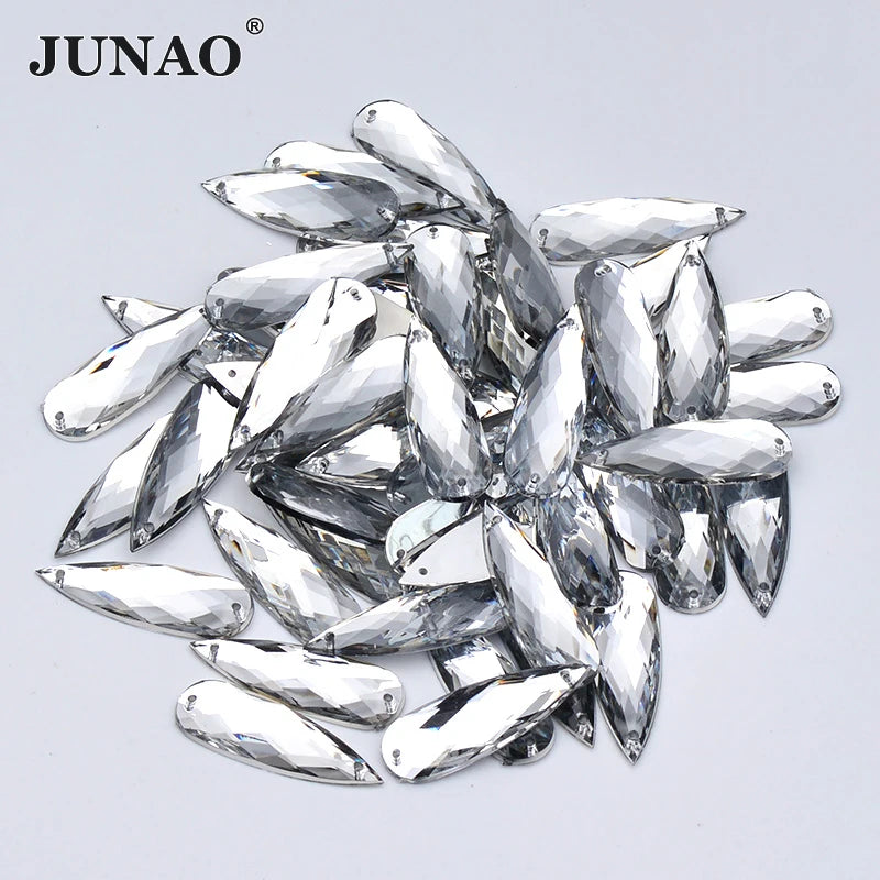 JUNAO 10*30mm Sewing Drop Crystal Clear Flatback Strass Stones Sew on Acrylic Beads Rhinestone for DIY Clothes Crafts Decoration