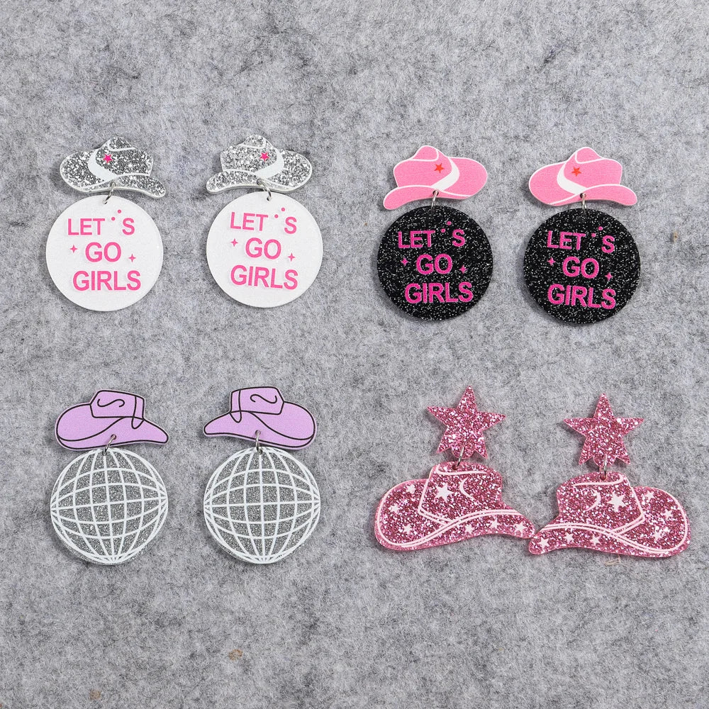 Wholesale New Hip Hop Personality Western Cowgirl Cool Glitter Hat Round Disco Ball Romantic Star Let's Go Acrylic Drop Earrings
