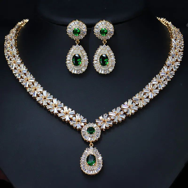 Luxury Dubai Gold Jewelry Set Big Zirconia Wedding Earrings Bracelet Handmade Necklace Bridal Jewelry Sets for Party Gift
