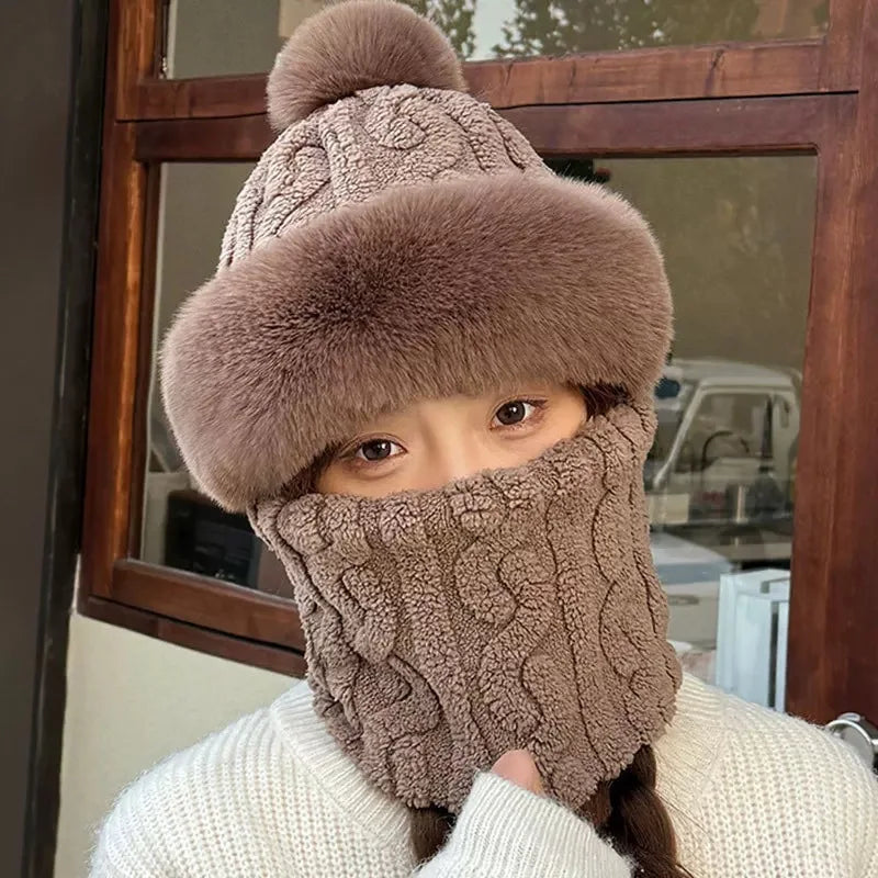 Knitted Hat Winter Beanie Neck Warmer Windproof Hooded Soft Ear Protection  Knit Hats With Pompom