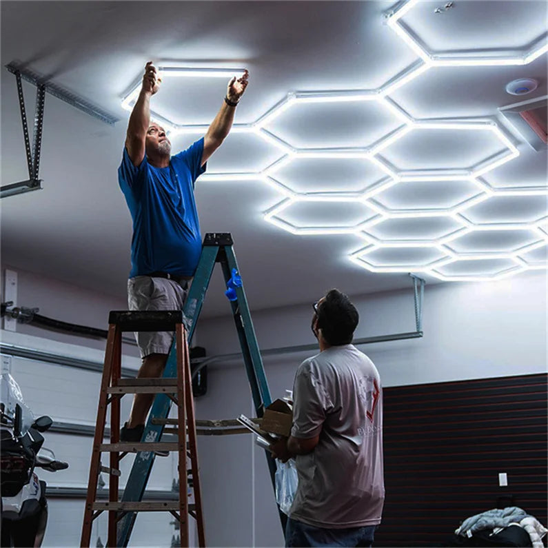 Hexagonal LED Ceiling Light for Commercial Auto Show and Garage Work Lighting