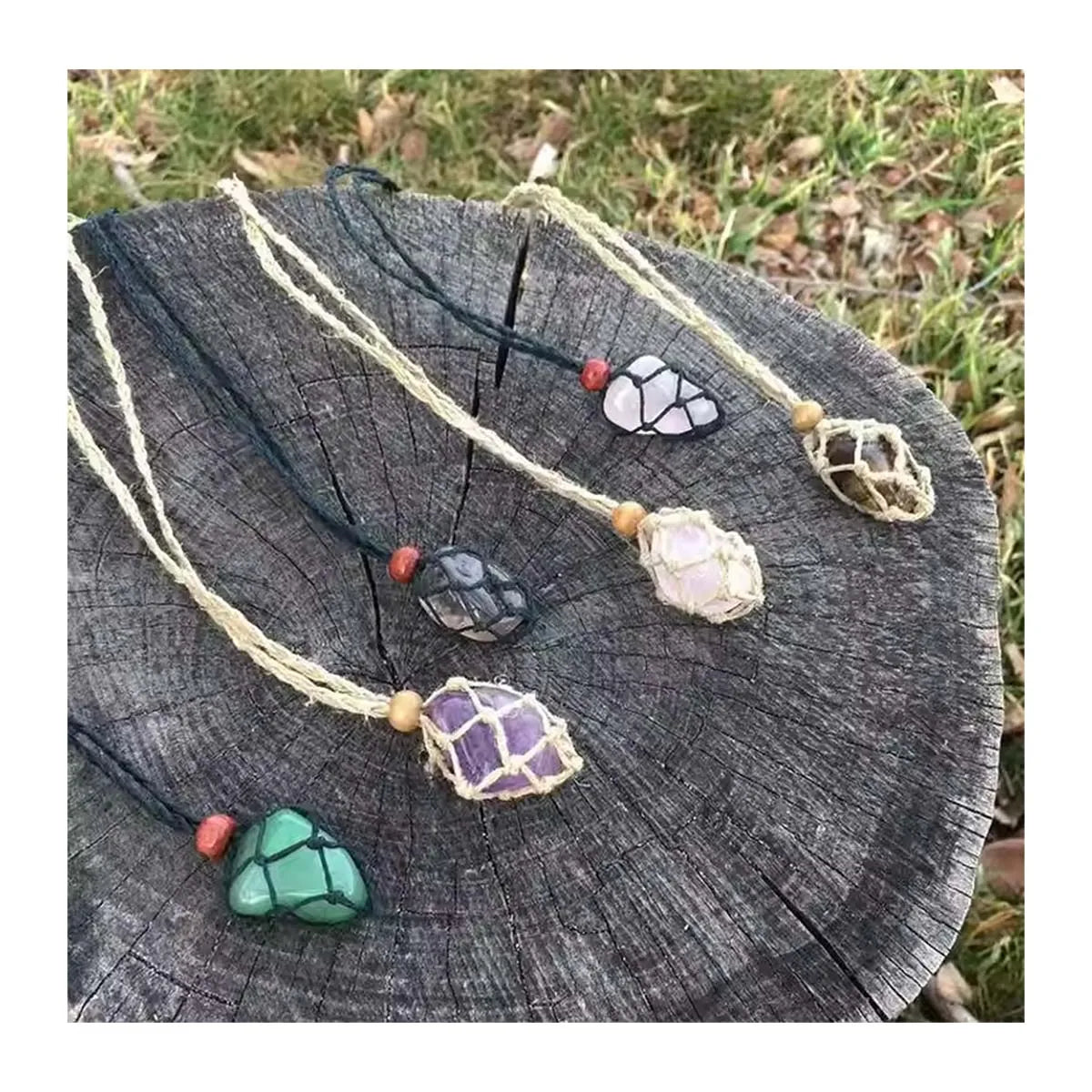 Eco-Friendly 100% Linen Cord Necklace Interchangeable Gemstone Macrame Hemp Crystal Pendant Pouch Net Necklace