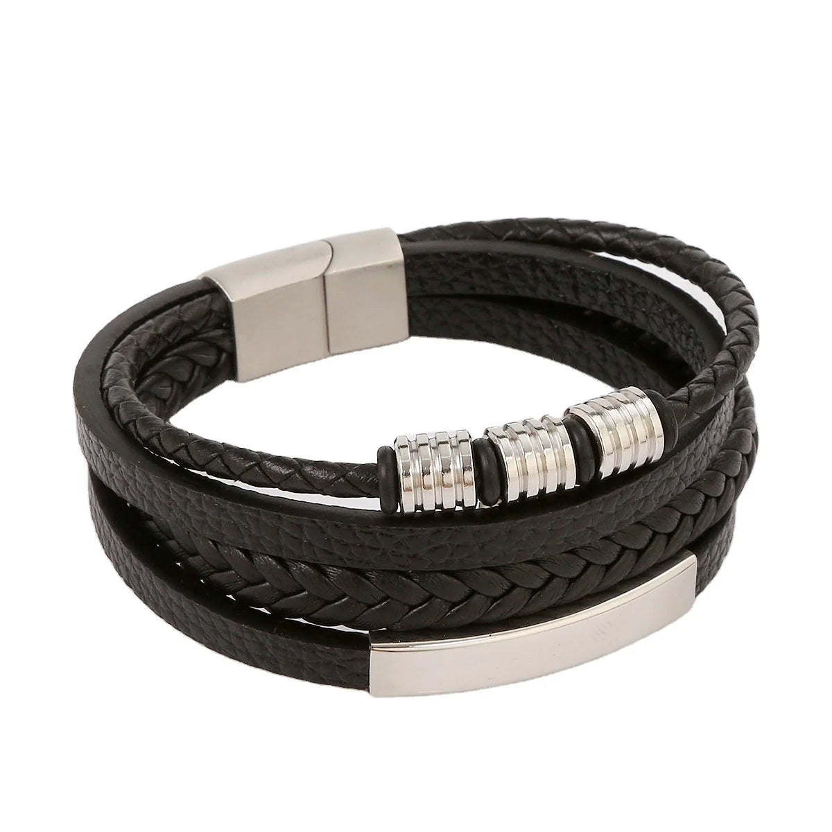 Hot Selling Stainless Steel Charm Braided Genuine Leather Bracelet for Men Jewelry