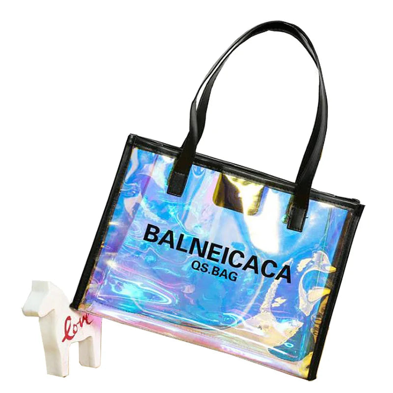 Stylish Transparent PVC Shopping Tote Bag Holographic Folding Design Eco-Friendly Clear Tote Bag Letter for College Medium Gifts