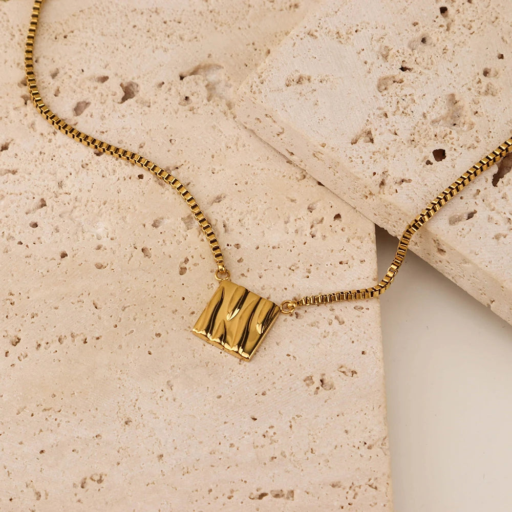 Chris April 316L Stainless Steel 18K Gold Jewelry Personalized Bumpy square Pendant Organic Texture Simple Necklace