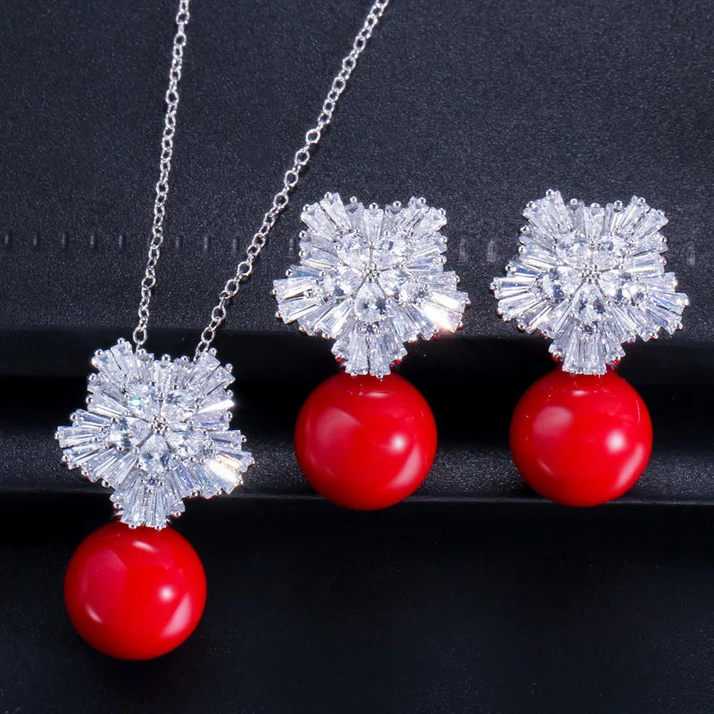 Hawaiian Jewelry Set Cubic Zirconia Flower Big Red Pearl CZ Crystal Pendant Necklace and Earrings for Women Best Friend Gift