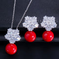 Hawaiian Jewelry Set Cubic Zirconia Flower Big Red Pearl CZ Crystal Pendant Necklace and Earrings for Women Best Friend Gift