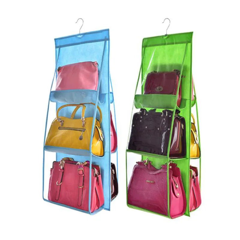 Transparent 6-Pocket Hanging Handbag Organizer Foldable Storage Bag for Bedroom Wardrobe Closet