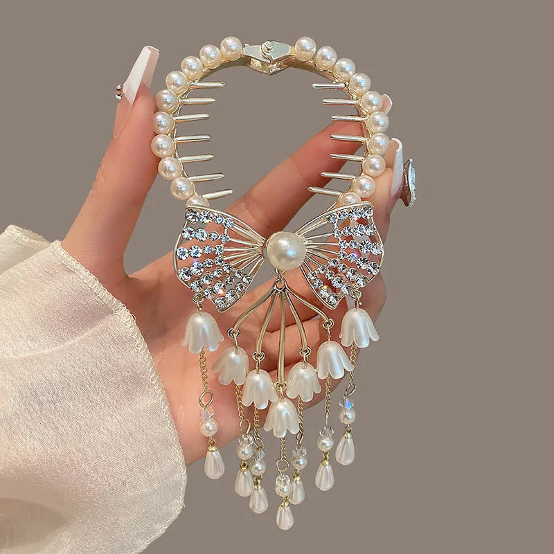 Para El Cabello Moda Flower Ponytail Button Meatball Head Plate Hair Clip Crystal Rhinestone Pearl  Hair Claw