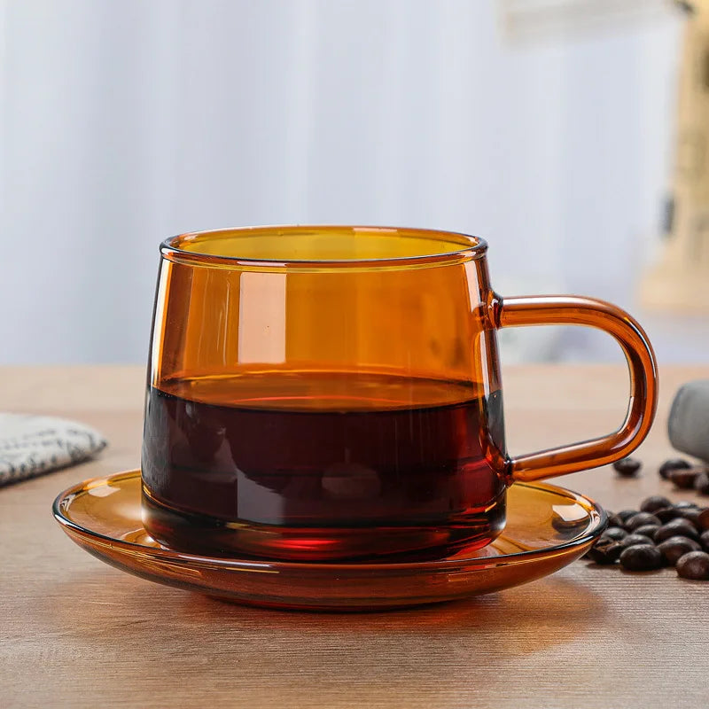 Heat Resistant Borosilicate Colored Glass Drinking Glass Coffee Mug 300ml Glass Coffee Cup  With Saucer