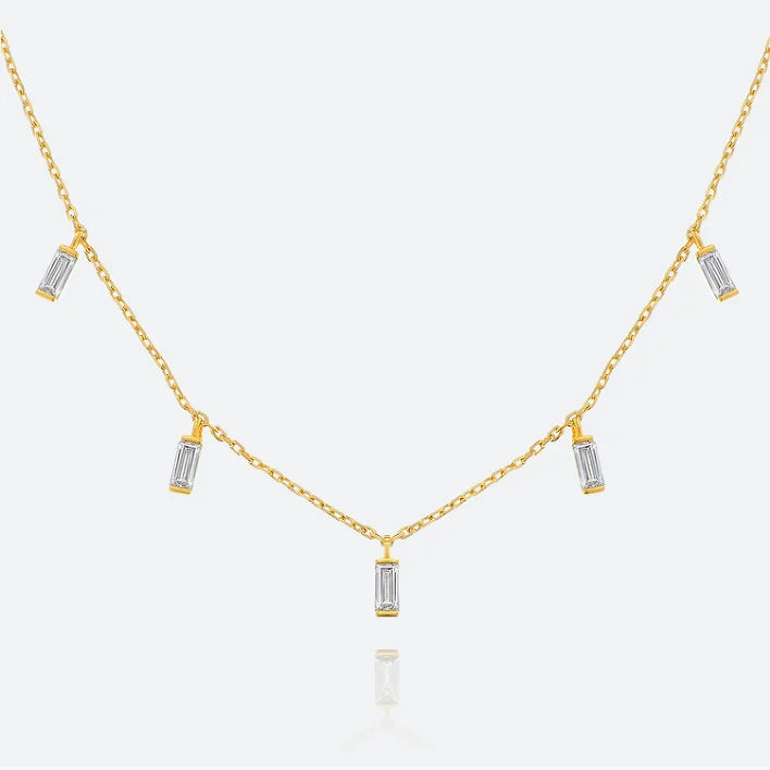 Factory Wholesale Customized Gold Plated S925 Silver Solitaire Baguette Cubic Zirconia Dangle Charms Necklace for Women
