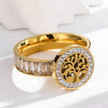 Vintage Women Jewelry Stainless Steel Shiny Rhinestones Hollow 18K Gold Plated Tree of Life Ring Finger Ring No Fade