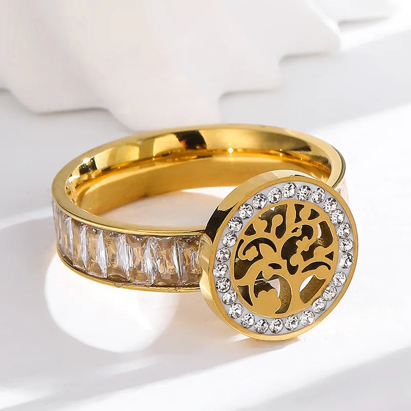 Vintage Women Jewelry Stainless Steel Shiny Rhinestones Hollow 18K Gold Plated Tree of Life Ring Finger Ring No Fade