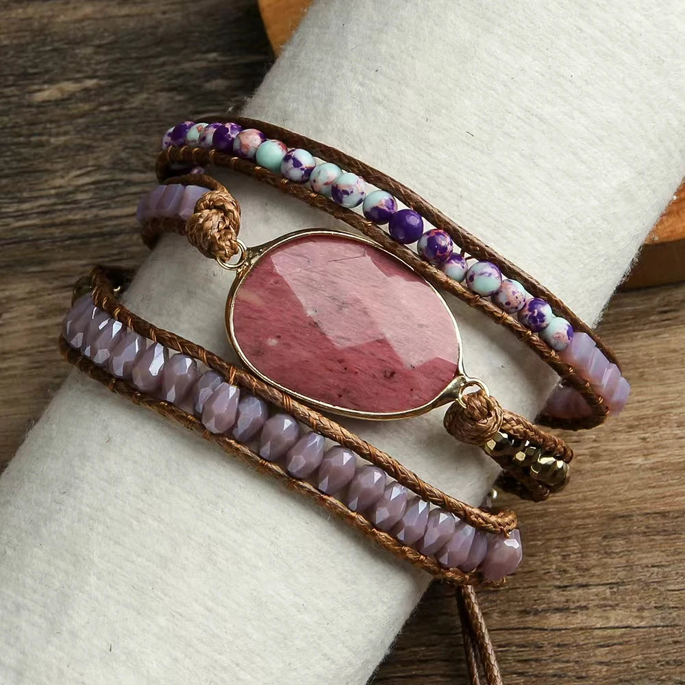 Fashion Beaded Jewelry Handmade Mixed Natural Stones/Crystal Purple Sediment Jasper 3 Strands Wrap Bracelets