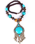 SYX07 Hot Selling Bohemian Style Turquoise Stone Pendant Necklace Women Fashion Wooden Beads Necklace