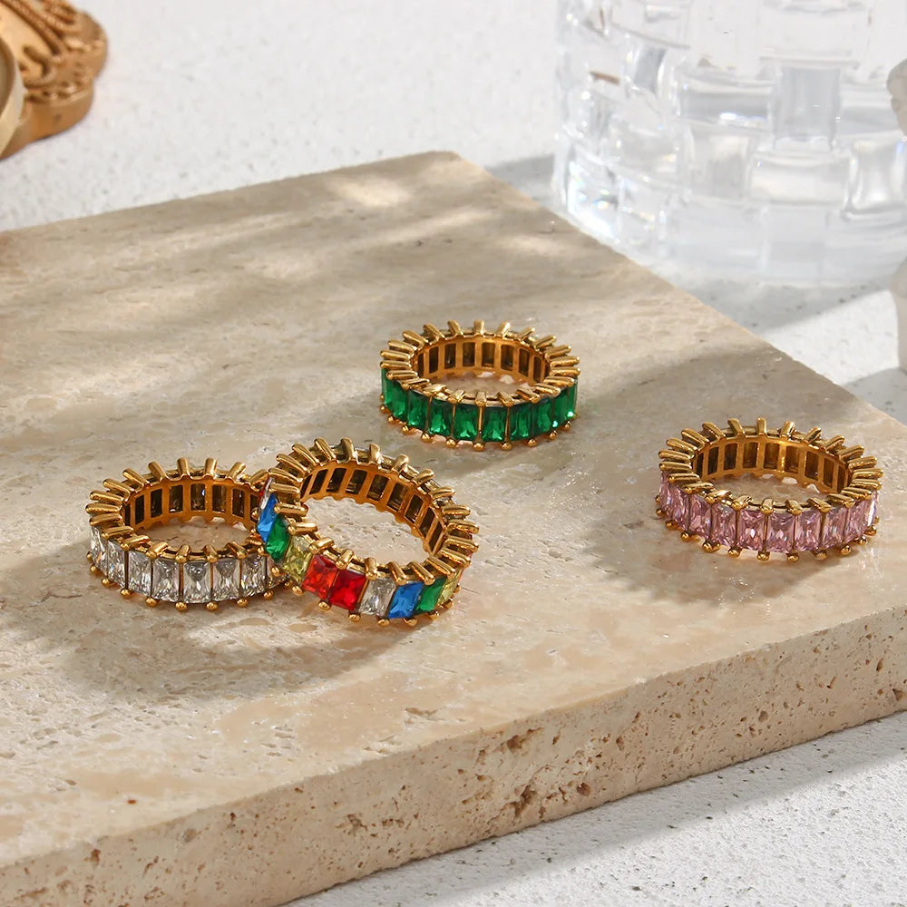 High End Aaa Zirconia Pave Rings for Women Non Tarnish Baguette 18k Gold Plated Stainless Steel Rings Gold Jewelry