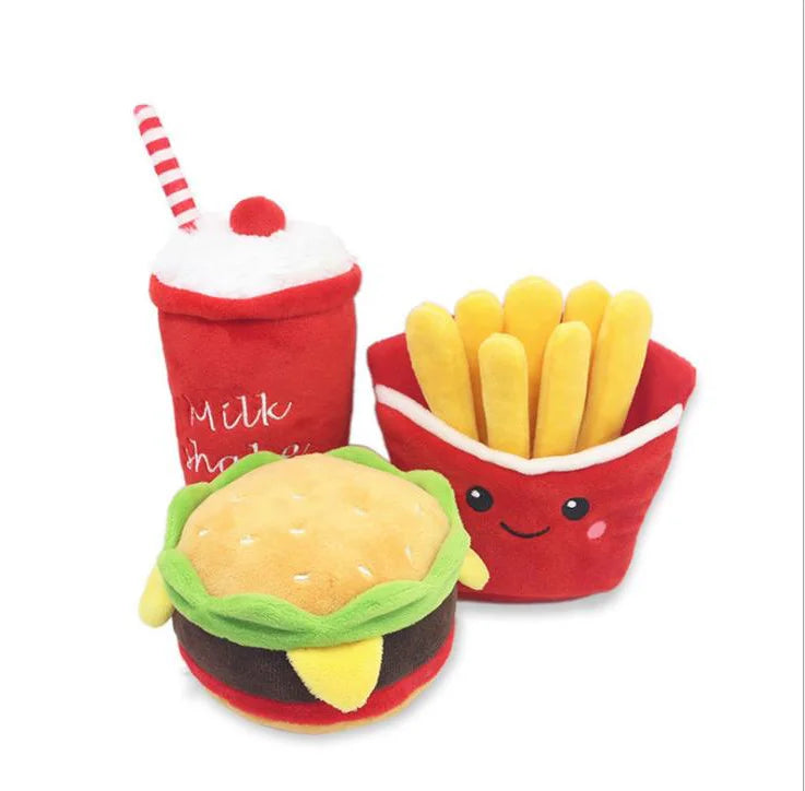 Wholesale Creative Popular Promotional Hamburger Chips Milk Cup Food Shape Squeaky Plush Dog Pet Toys