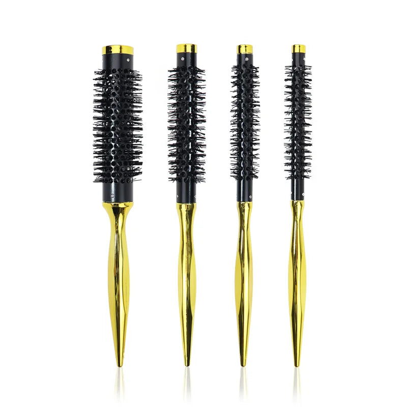 Professional Electroplate Gold Aluminum Barrel Vent Hair Brush Nylon Boar Small Round Hair Brush for Thin Short Hair