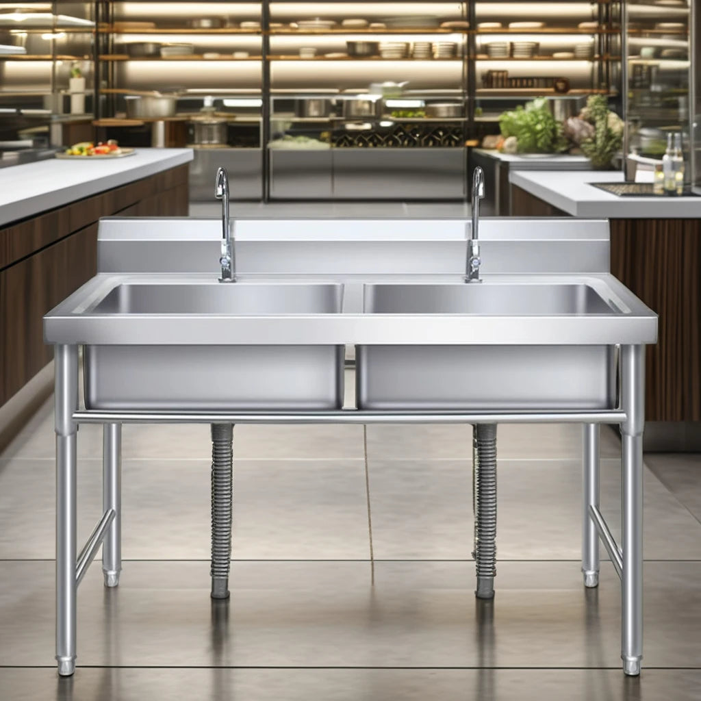 High Quality Platform Double Bowl Stainless Steel Sink Kitchenware With Storage Rack Sink Commercial Handmade Sink