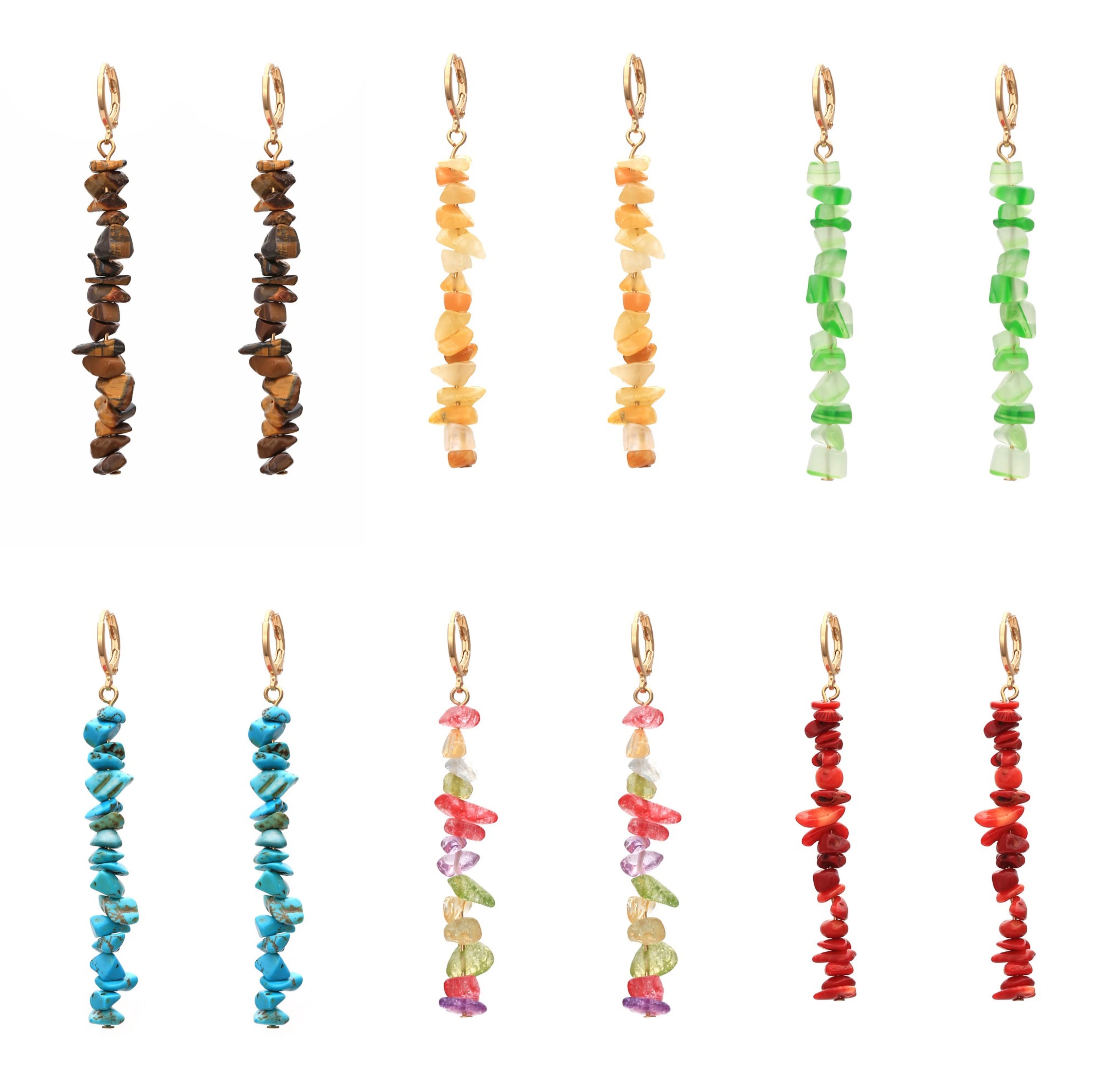 New Trendy Boho Minimalist Brass Hoop Earrings Turquoise Gravel Dangle Long Natural Tiny Healing Stone Fashion for Teen Women