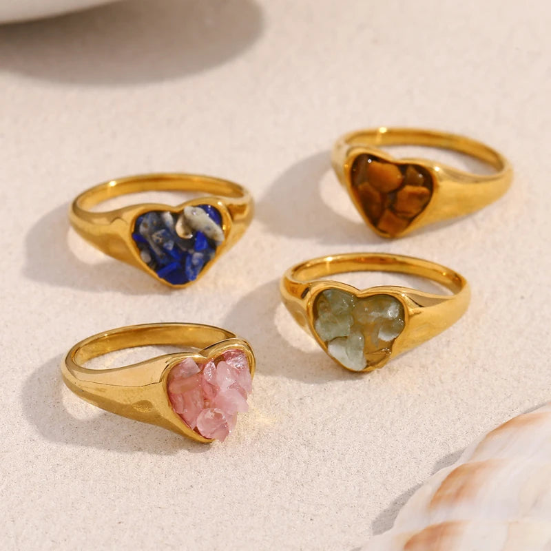 G3835 Wholesale Stainless Steel Crushed Stone Rings 18k Gold Plated Classic Heart Shape Natural Stone Finger Rings Jewelry