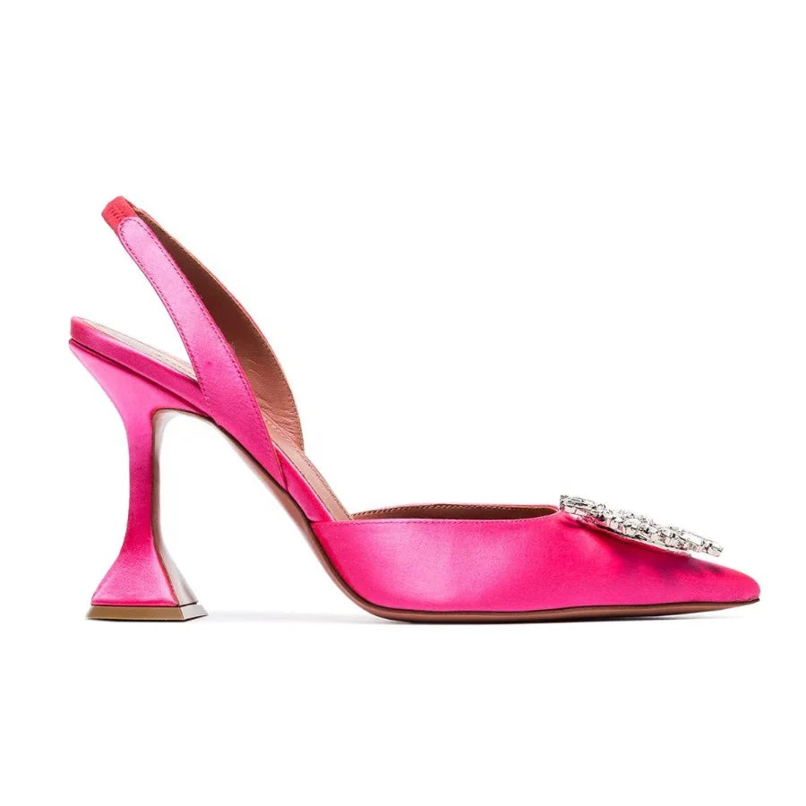 Pink Satin Pointed Toe Lady Slingback Pumps Shoes for Women High Heels