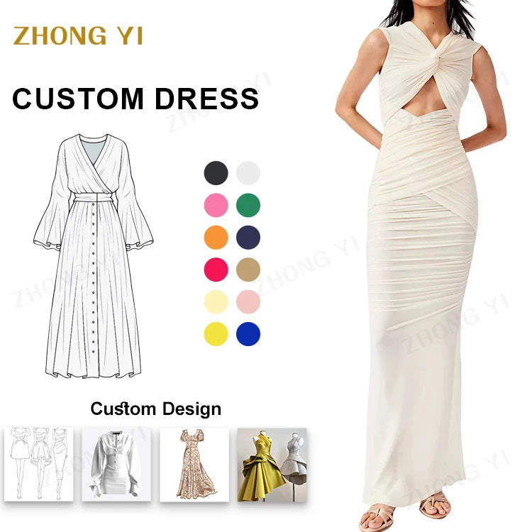 Factory Custom Logo Fashion Midi Dress Women Summer Gentle Elegant Plain Sleeveless Pleated Bodycon Clothing Dress for Women
