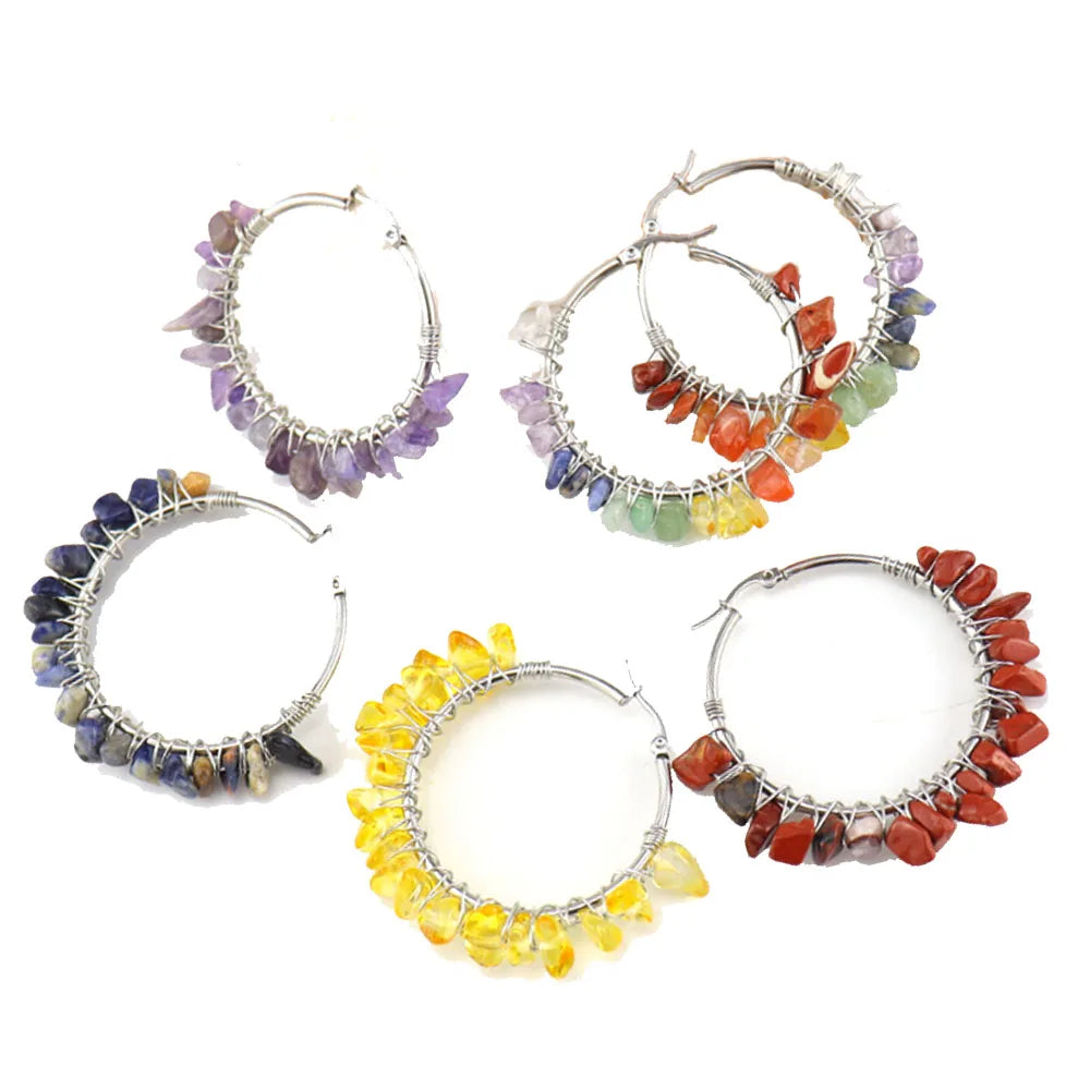 Boutique Copper Gem Black Green Red Stone Chips rainbow Hoops Earrings Women Earring Jewelry