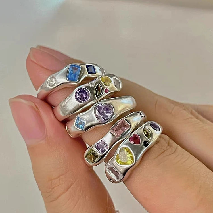 2025 Hot Sale Personality Matte Irregular Ring Simple Temperament Love Ring Vintage Colors Zircon Ring for Women