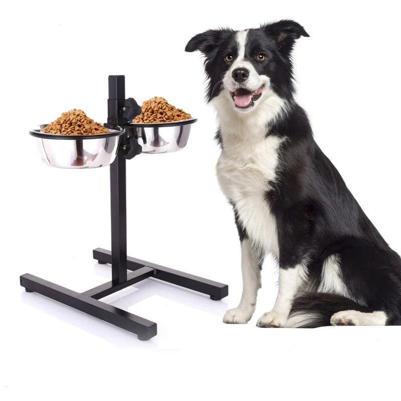 Rounded Stainless Steel Double Bowls Multi-Function Dog Food & Water Hanging & Height Adjustable Stand Pet Bowls & Feeders