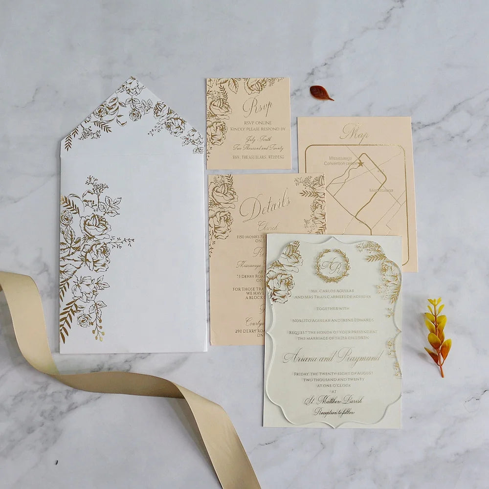 New Designs Custom Wedding Cards Designs and clear Acrylic Wedding Suite with Gold Foil Made in China MegaBDM
