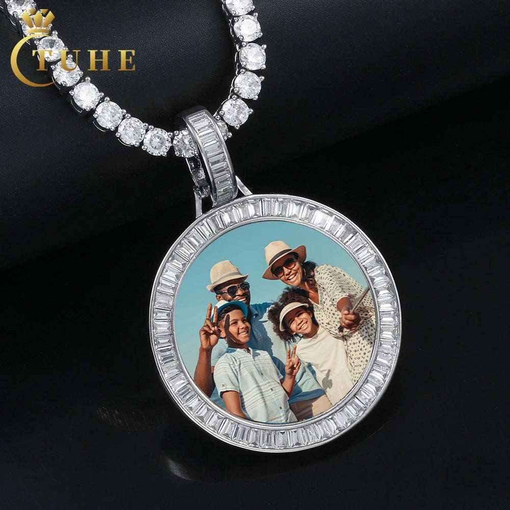 Hot Selling Memory Jewelry 38mm Gold Plated Brass Prong Setting AAAAA Baguette CZ Diamond Iced Out Custom Photo Pendant