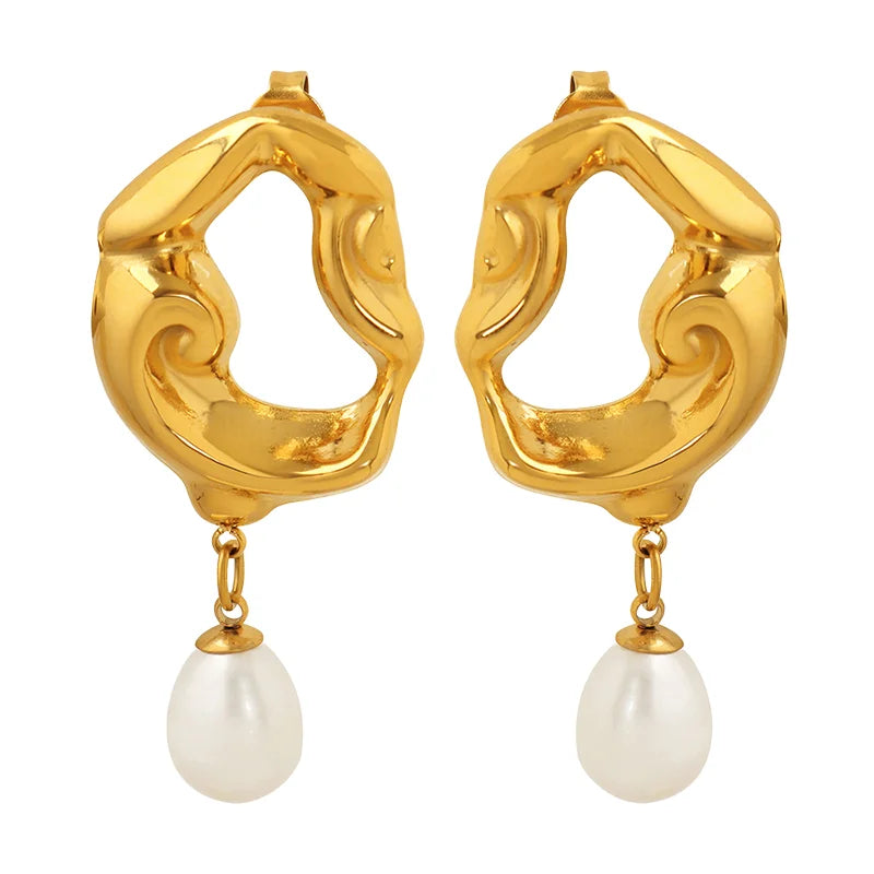 Natural Freshwater Pearl Stud Earrings 18K Gold Plated Irregular Stainless Steel for Wedding Party Gift for Women