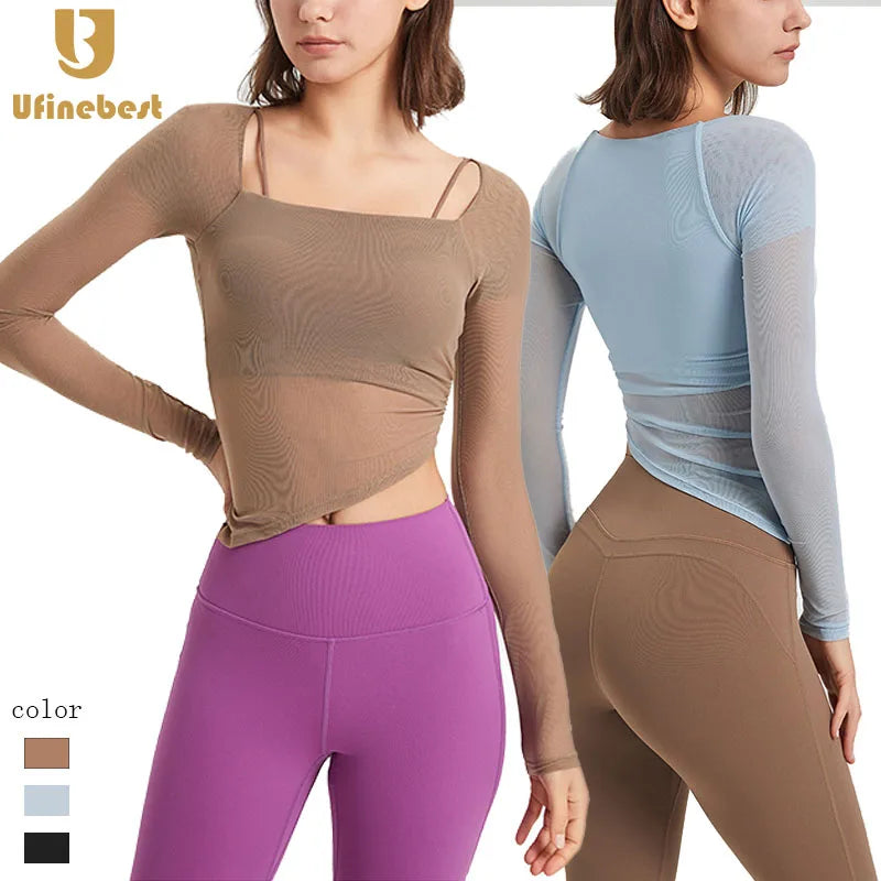 Custom Design Quick Dry Tshirt Square Neckline Sports Tops Fixed Padded Breathable Mesh Women Long Sleeve Yoga T Shirt